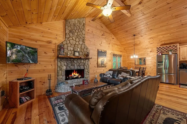 The living room at the Lazy Laurel in Cherry Log, GA